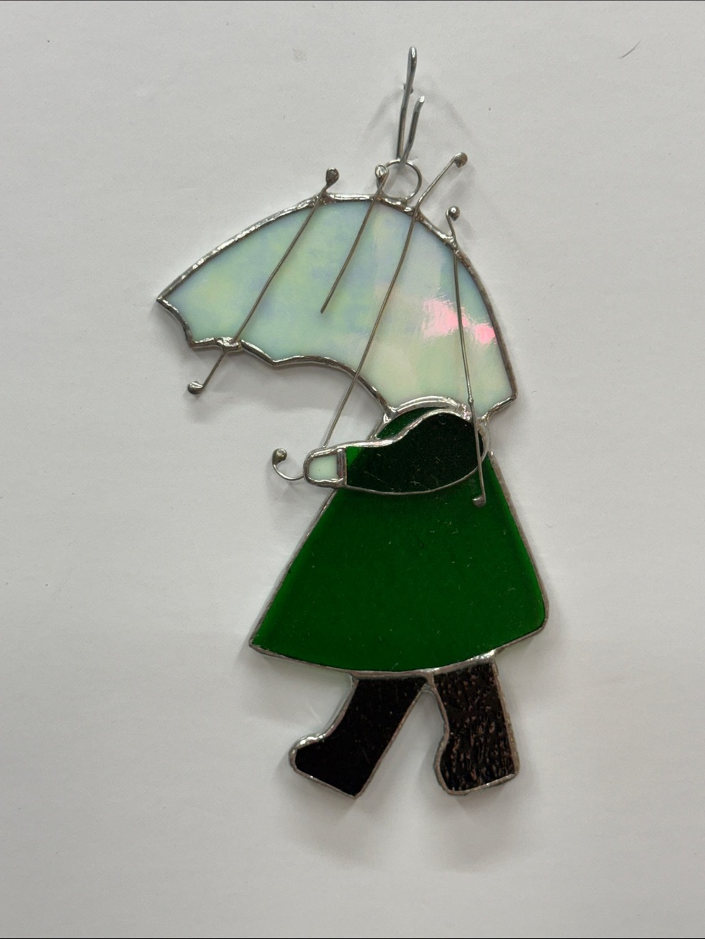 Gorgeous Opalescent Umbrella Stained Glass Ornament with Green Coat